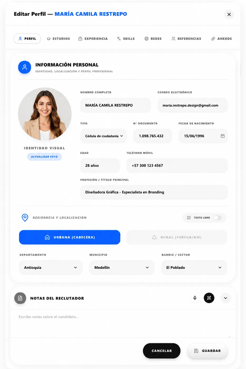 Perfil de empleado en la plataforma de gestión humana de TH-PRO